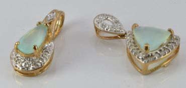 Two 9ct gold pendants set with Paraiba opals and diamonds, 3g