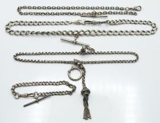 Three Victorian silver Alberts and a silver bracelet, 92g