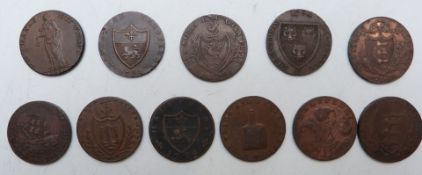 Eleven 18thC British Conder tokens / trade halfpennies to include Hastings, Liverpool, Yarmouth,