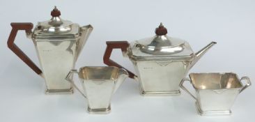Art Deco hallmarked silver four piece teaset with geometric shape and decoration, Birmingham 1931