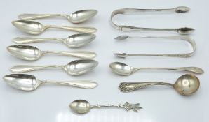 Georgian and later hallmarked silver cutlery to include sugar tongs, set of six grapefruit spoons,