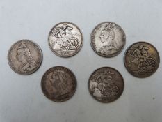 Six Victoria crowns to include 1889, 1890 and 1891 Jubilee head and three 1893 veiled head examples