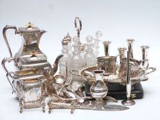 Plated ware including bottle cruet, Aesthetic style tea set, candelabra, chamber sticks, cutlery