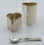 Thistle & Bee modern novelty white metal heart shaped cream jug and sugar and spoon, marked to bases