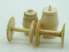 Four 19thC Indian Madras ware ivory cotton holders, tallest 5cm