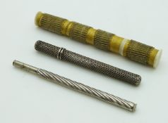 Three 19thC needle cases including an unusual steel mesh example, longest 8cm