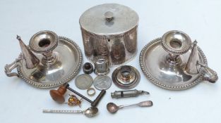 19thC silver plated tea caddy together with a pair of chamber sticks, clock key etc
