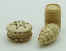 Three 19thC Indian Madras ware ivory turned vinaigrettes, largest diameter 2cm