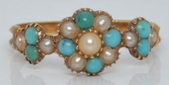 Victorian ring set with seed pearls and turquoise, 1.8g, size L
