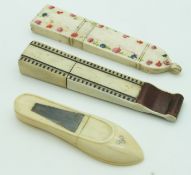 Three Georgian bone/ivory needle cases including a shoe with cut steel decoration, longest 8cm