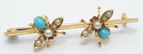 WITHDRAWN   Edwardian 15ct gold brooch depicting two flies set with turquoise, seed pearls and