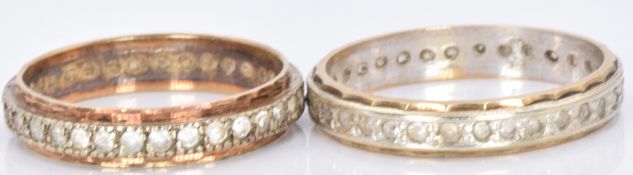 Two 9ct gold eternity rings set with paste, 4.9g, size N and O