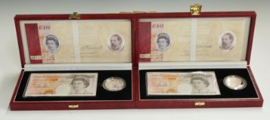 Two Royal Mint and Bank of England ten pounds and silver crown sets, numbers HM70001794 and HM