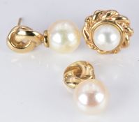 Three 9ct gold earrings set with a pearl to each