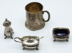 Hallmarked silver tankard of plain tapering form, height 7.5cm and a hallmarked silver three piece
