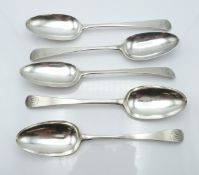 Georgian set of five bottom hallmarked silver table spoons, London 1774, maker Thomas Tookey, length