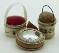 Three 19thC Indian Madras ware ivory pin cushions, two in the form of pails, largest diameter 4cm