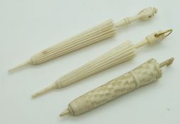 Three 19thC ivory and bone parasol needle cases including stanhope for Southsea, longest 11cm