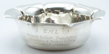 Hallmarked silver lobed dish with engraved 