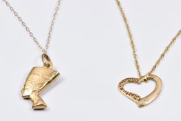 A 9ct gold heart pendant, a 9ct gold pendant and two 9ct gold chains, 3.5g