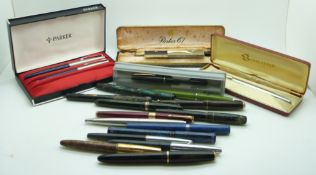 Eighteen various fountain pens and pen sets including Waterman, Parker Duofold with 14K gold nib,