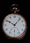 Syren gold plated keyless winding open faced pocket watch with subsidiary seconds dial, blued hands,