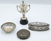 Hallmarked silver items comprising small twin handled trophy cup on ebonised base, Victorian