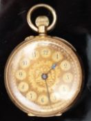 Unnamed 18ct gold keyless winding open faced pocket watch with blued hands, black Arabic numerals,