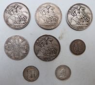 Eight Victorian silver coins to include two Jubilee crowns and a double florin, three Jubilee