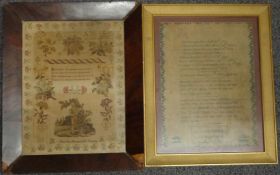Two 19thC embroidery samplers, one Mary Ann England, Lyme Regis, possibly 1825, and another by