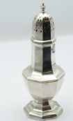 Walker & Hall hallmarked silver octagonal sugar caster, Sheffield 1954, height 21cm, weight 210g