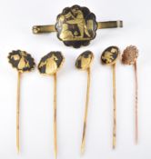 Victorian 9ct gold stick pin with horseshoe decoration (0.7g), and Toledo stick pins