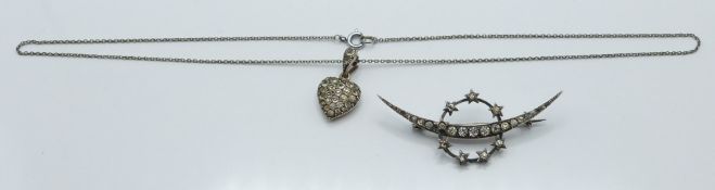 Victorian crescent and star brooch set with paste and a Victorian silver heart pendant set with