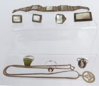 A suite of filigree silver jewellery, three silver rings and a Masonic necklace