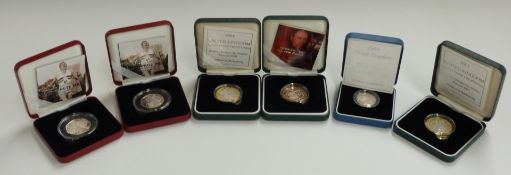 Six Royal Mint silver proof coins comprising three £2 examples, a £1 and two 50p, all cased with