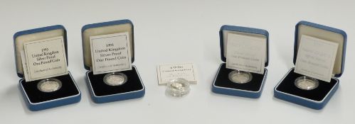 Five Royal Mint silver proof £1 coins, 1993, 1994, 1996, 1997 and 1998, cased with certificates, one