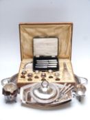 Large silver plated twin handled oval tray, length 61.5cm, cased drinks set, width 39cm and