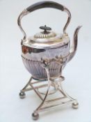 Silver plated spirit kettle on stand with reeded lower body, height 33cm