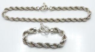 Mexican silver rope twist bracelet and matching necklace, 185g