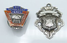 Silver 30 Years Membership badge for the National Union of Railwaymen, and a silver fob for Great