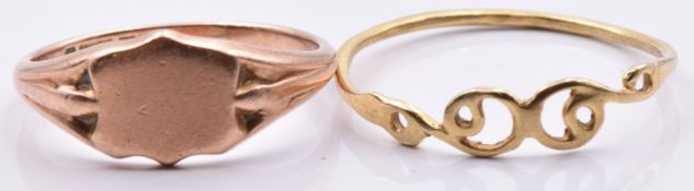 A 9ct rose gold signet ring and a 9ct gold ring, 2.0g, size K and F