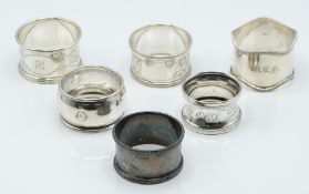 Six various hallmarked silver napkin rings, weight 126g