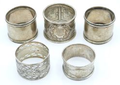 Five various hallmarked silver napkin rings, weight 116g