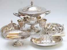 Silver plate to include large soup or punch bowl with lid, width 33cm, serving dishes, pierced swing