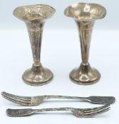 Pair of hallmarked silver trumpet or spill vases, Birmingham 1972 maker W I Broadway & Co, height