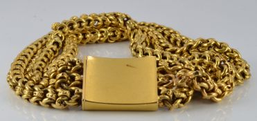 Victorian yellow metal bracelet made up of three stands of knotted links, 32.0g