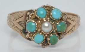 Victorian ring set with a pearl surrounded by turquoise, Birmingham 1893, 2.0g, size O