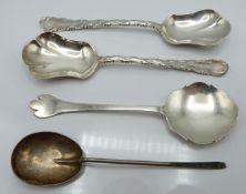 Four hallmarked silver spoons comprising Art Nouveau or Arts and Crafts style jam spoon,