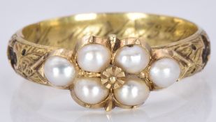 Victorian mourning ring set with split pearls and an engraved band set with plaited hair and