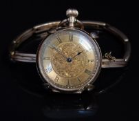 Continental 14ct gold fob watch converted to a wristwatch with blued hands, black Roman numerals,
